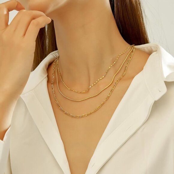 Gold Necklaces Stack 3pcs Brass Dainty Layered Waterproof for Women - Picture 6 of 9